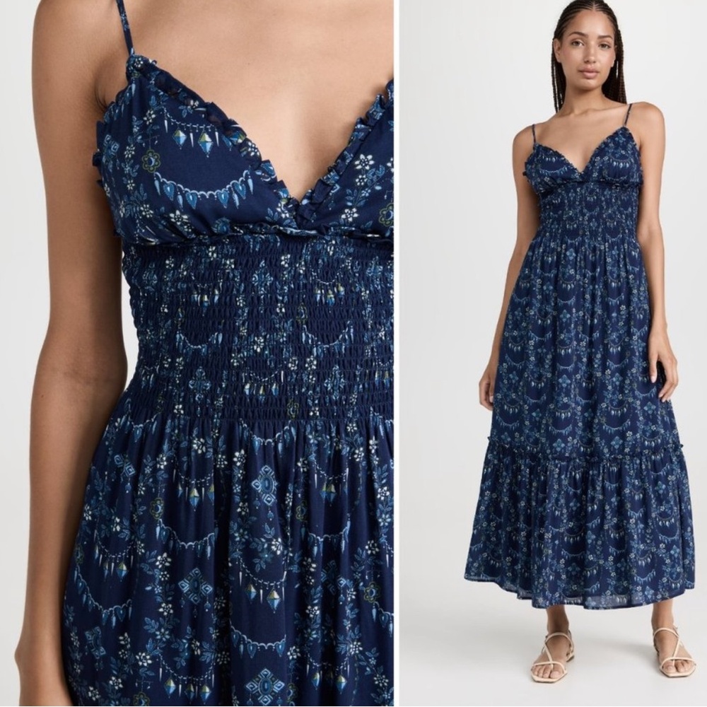 Hill House The Dottie Nap Dress Navy Charm Scallop Size Small Blue Floral Cotton